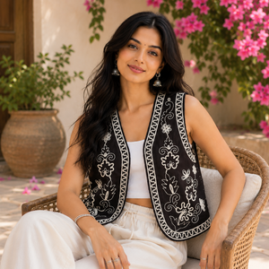 Gilet en coton noir brodé de fleurs pour femme, sans manches, style bohème ethnique, ouvert sur le devant, vêtement décontracté, personnalisable OEM ODM - Product Image 5