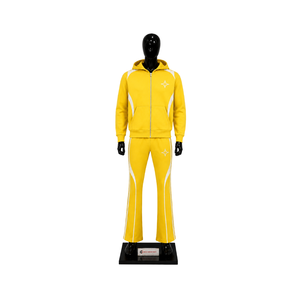 Ensemble de survêtement jaune personnalisé pour homme, sweat à capuche zippé intégral avec empiècements blancs contrastants, pantalon évasé, ensemble deux pièces de sport, vente en gros OEM Streetwear - Product Image 1