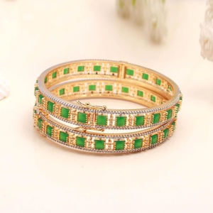Handmade Emerald Green Stone <b>Bangle</b> <b>Bracelet</b> 22K Gold Plated Traditional Indian Brass Kada for Women - Product Image 1