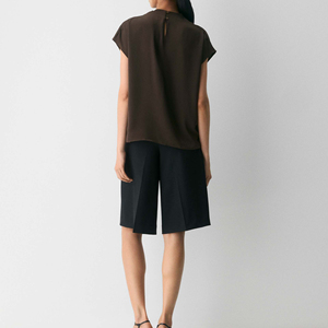 Chemisier élégant en polyester à col drapé, sans manches, en satin de soie, avec torsion avant professionnelle, pour femme, automne - Product Image 2