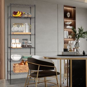 Étagère de rangement en acier robuste à 6 niveaux Étagère à couche réglable 6 crochets Roues pivotantes Pieds de nivellement 55x30x165cm Noir pour garages - Product Image 5