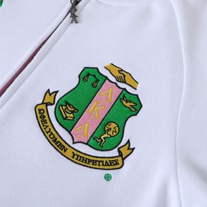 AKA White Fleece Letterman <b>Jacket</b> <b>Pink</b> Green Trim Varsity Style Unisex Warm Outerwear Fashion <b>Jacket</b> Apparel Collection - Product Image 6