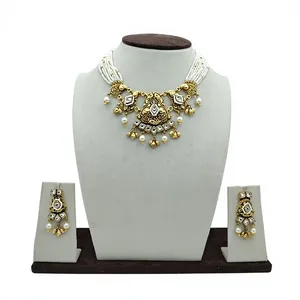 Ethnic Jewelry 925 <b>Silver</b> Pearl Choker <b>Necklace</b> <b>Set</b> with Kundan Work and Matching Earrings Antique Finish Bridal - Product Image 3