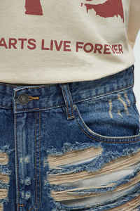 OEM FOG Stock Drop Shipping Pantalones cortos de mezclilla para hombre con parches, costuras rasgadas, cintura media y agujeros rotos - Product Image 4