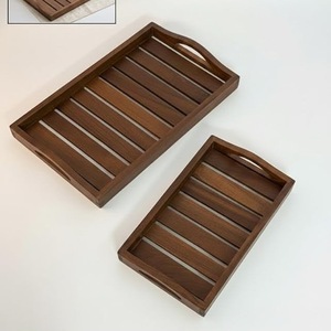 Juego de 2 bandejas de madera para servir con asas – Bandeja de madera de acacia maciza con listones para servir comida, té, café y desayuno - Product Image 4
