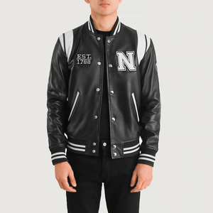 <b>Men's</b> PU <b>Leather</b> Varsity <b>Jacket</b> Preppy Style Embroidered J Logo Turn-down Collar Regular Fit Autumn Wear - Product Image 4