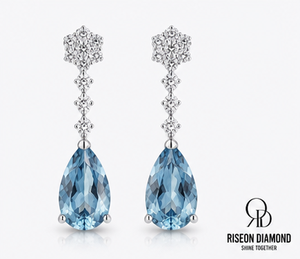 18K White Gold Sky <b>Blue</b> Gemstone Drop <b>Earrings</b> Pear Shape Diamond <b>Studded</b> Floral Top Bridal Wedding Luxury Fashion Jewelry - Product Image 1