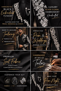 Men's Black Tuxedo Suit With Hand Embroidery Floral <b>Design</b> Single Breasted Notched Collar Formal Wear - Product Image 4