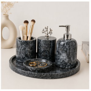 Ensemble d'accessoires de salle de bain vintage en marbre noir naturel, fait main, en pierre polie, comprenant un distributeur de savon, un gobelet et un pot à couvercle, pour hôtel - Product Image 4
