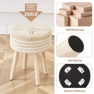 Natural Seagrass Ottoman Footstool with Solid Wood Legs Handwoven Hyacinth Footrest Step Stool - Product Image 6