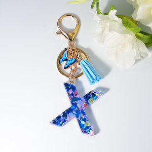 New Resin Blue Heart Sequined A-Z <b>Initial</b> Letter Key <b>Chain</b> Butterfly Tassel Letter Charm Keychain for Bag Key Backbag - Product Image 6