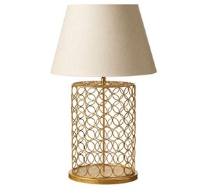 Lampe de table moderne en laiton avec base en cage géométrique et abat-jour en lin pour la décoration intérieure du salon - Product Image 2
