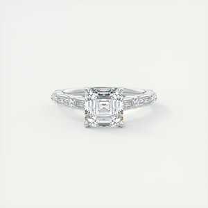 Anillo de compromiso con diamante cultivado en laboratorio de corte Asscher de 2.50 quilates, con pavé Bardot Scallop y trece diamantes en oro blanco de 14K. - Product Image 3