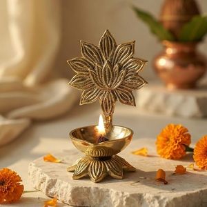 Lámpara Diya de latón dorado con diseño de flor para decoración del hogar - Product Image 1