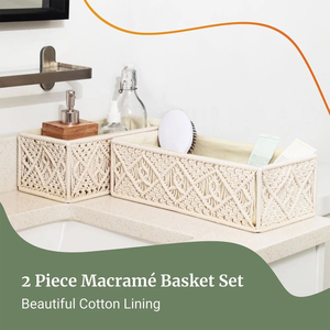Handmade Macram <b>White</b> Cotton Rope <b>Storage</b> <b>Basket</b> Set of 2 with Multi-Purpose Decorative Shelf Organizer for Home Kitchen Bedroom - Product Image 3
