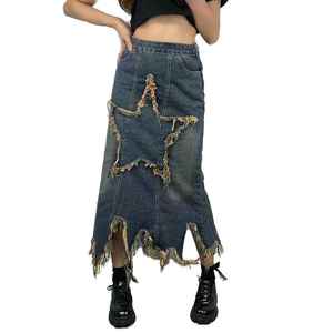 Mini-jupe en jean taille haute asymétrique pour femme, boutonnée sur le devant, unie, délavée, style décontracté - Product Image 4