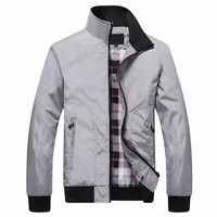 Blouson bomber coupe ajustée pour homme, coupe-vent, noir, gris, bleu, doublure à carreaux, fermeture éclair intégrale, col montant, poignets côtelés, style décontracté