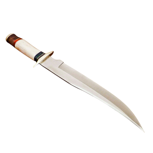 Cuchillo Bowie Hecho a Mano con Hoja Curva de Acero Plateado, Mango Estilo Hueso Blanco, Detalles de Madera Marrón, Guardacuchillo Dorado, Hoja Fija para Caza - Product Image 1
