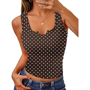 Top Corto Casual de Mujer con Cuello Redondo y Estampado de Puntos, Estilo Transpirable de Algodón y Spandex Tejido - Product Image 1
