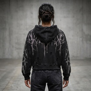 Custom Black Distressed Cropped <b>Zip</b>-Up Hoodie Rhinestone Lightning Design Faded Wash Oversized Street Wear Winter Fleece 100% - Product Image 5