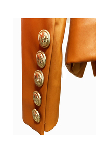 Women's orange Genuine Leather Moto Jacket Full Sleeve <b>Zipper</b> Closure Stand Collar Autumn Style - Product Image 6