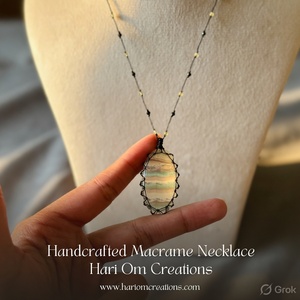 Striped Agate Macrame <b>Necklace</b> Oval Banded Stone Black Cord Beaded Boho Handmade <b>Statement</b> Jewelry - Product Image 4