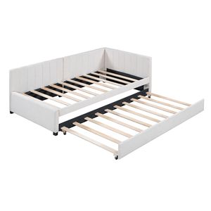 Divano letto imbottito in tessuto di lino beige con letto estraibile, misura singola, senza bisogno di rete a molle - Product Image 5