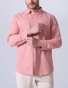 Chemise boutonnée en coton rose pour homme, manches longues, col rabattu, couleur unie, avec poches, coupe classique, toutes saisons, haut décontracté - Product Image 5
