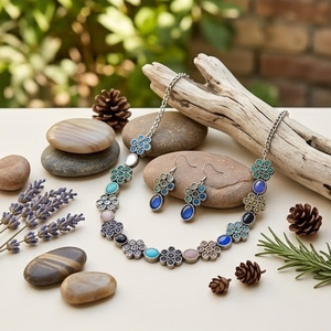 Floral Link <b>Statement</b> <b>Necklace</b> Earrings Set Multi-Colored Gemstone Centers Bohemia Style Oxidized Silver Plated Adjustable - Product Image 3