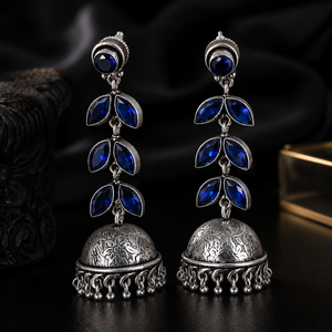 Blue Zircon Chandelier <b>Earrings</b> With Bell Shape Antique <b>Silver</b> Plated Ethnic Style For Women Wedding Jewelry - Product Image 6