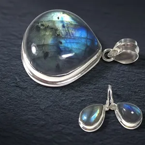Parure de bijoux en argent sterling 925 avec labradorite, pendentif et boucles d'oreilles, pierre précieuse à reflet bleu, forme goutte d'eau, sertissage clos, pour femme - Product Image 2