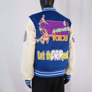 Veste varsity bleue pour homme avec motifs brodés, logo brodé au dos, style streetwear, fermeture éclair, coupe classique. - Product Image 5