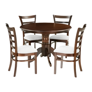Classic Solid Wood Round 4 Seater <b>Dining</b> Table Set with Pedestal Base Dark Walnut Finish Ladder-Back Upholstered <b>Chairs</b> - Product Image 3