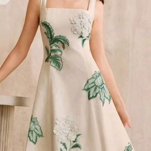 Handcrafted Floral Embroidered <b>White</b> Linen <b>Maxi</b> Dress for Women Square Neck Sleeveless A-Line Summer Party Gown - Product Image 1
