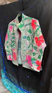 Unique Indian Style Floral Embroidered <b>Tweed</b> <b>Jacket</b> Loose Fit Full Sleeve Boho Style Hand Embroidery Collarless Daily Wear - Product Image 4