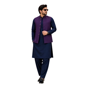 <b>Men's</b> Navy Blue <b>Kurta</b> Pajama With Purple Waistcoat Traditional Indian Pakistani Wedding Attire Cotton Clothing - Product Image 3