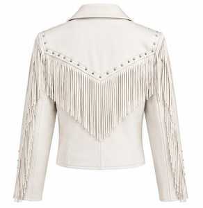 Chaqueta de mujer con flecos y cuello vuelto con cuentas, manga larga, estilo otoñal - Product Image 4