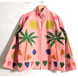 Giacca in cotone <span class=keywords><strong>rosa</strong></span> ricamata con motivo palma e sole, colletto alla coreana, manica lunga, stile vacanza estiva, <span class=keywords><strong>cappotto</strong></span> da donna - Product Image 1