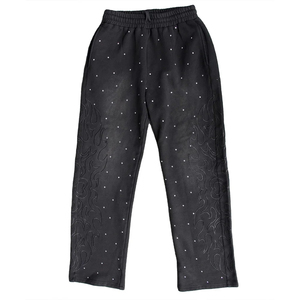 Pantalon de survêtement unisexe en coton épais avec strass, coupe ample évasée, broderie, délavage acide, jambe large pour homme - Product Image 1