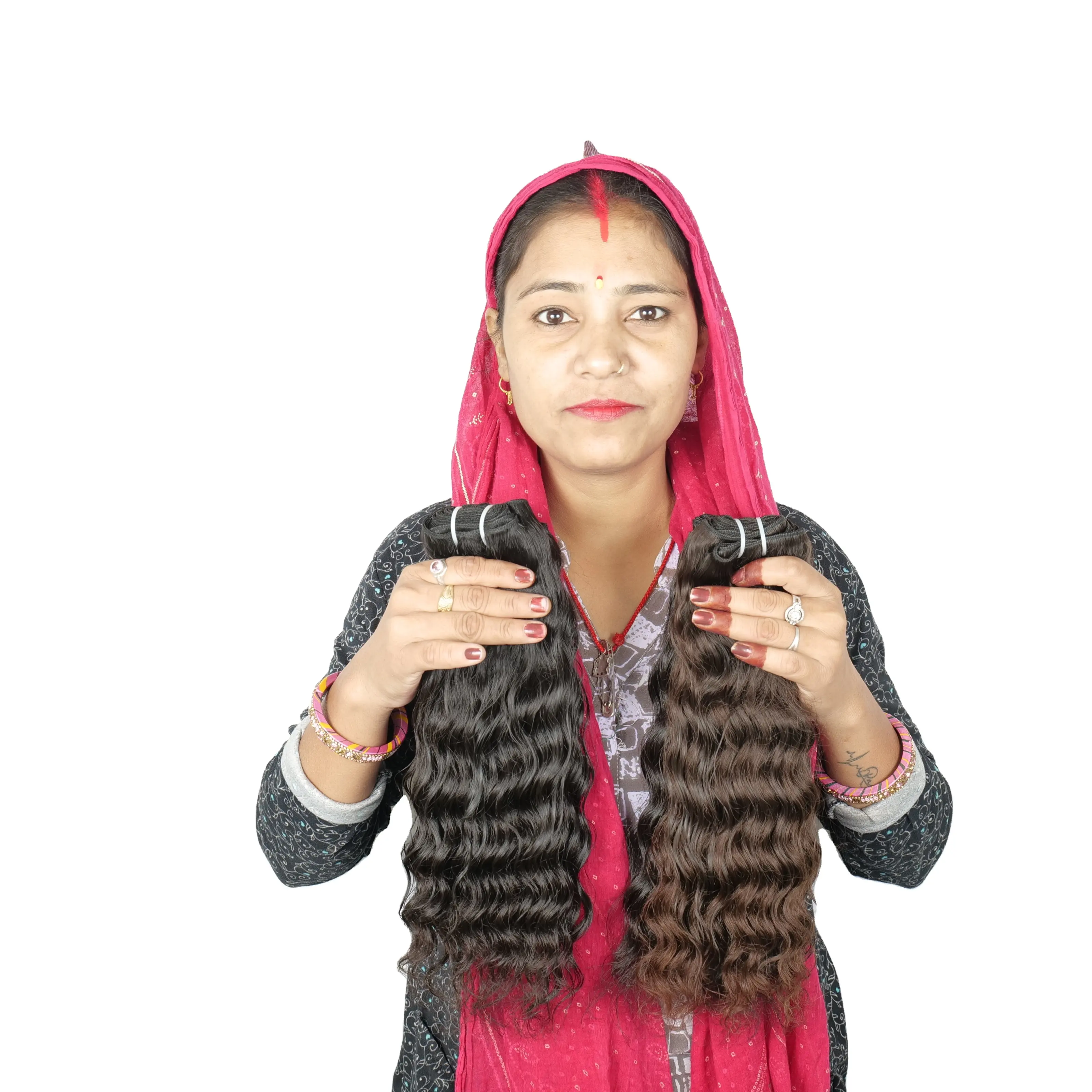 100% 원시 처녀 최고 품질 저렴한 큐티클 정렬 블랙 컬러 물결 모양의 자연 번들 인도 사원 인간의 머리카락 확장