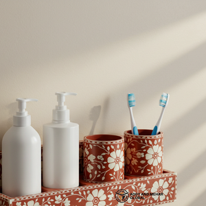 Handcrafted Floral Bone Inlay Bathroom Organizer <b>Set</b> Wall-Mounted Vanity Shelf with Dual <b>Soap</b> Dispensers and Toothbrush Holders - Product Image 2