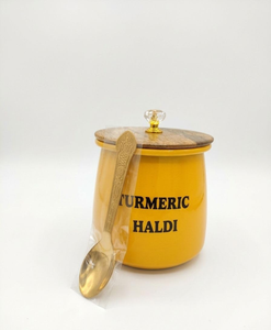 Premium Turmeric Airtight <b>Container</b> Iron Yellow Spice <b>Storage</b> Jar with Wooden Lid and Gold Spoon Decorative <b>Kitchen</b> Organizer - Product Image 4