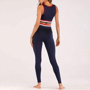 Conjunto de Yoga sin Costuras para Mujer, 2 Piezas, Azul Marino, Leggings de Cintura Alta, Top Corto, Ribete en Contraste, Ropa Deportiva de Longitud Completa - Product Image 3