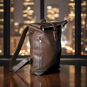 Refined Genuine Leather <b>Roll</b> <b>Top</b> <b>Backpack</b> Classy Cowhide Leather Laptop Bag For Men Professional Business LRTB-0132B - Product Image 2
