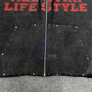 Customized Design Top Impact Best Zipper Distressed Hoodie <b>Rhinestone</b> Zip up <b>Jacket</b> Acid Wash Men Fleece Streetwear Hoodie - Product Image 4