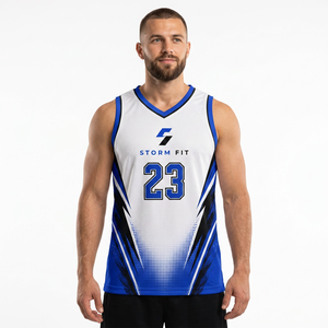 Storm Fit Men's Sublimated Basketball Jersey V-Neck Sleeveless Moisture Wicking White Blue Team Number 23 <b>Athletic</b> - Product Image 1