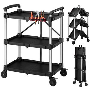 Carrito de Servicio Plegable de 3 Niveles, Resistente, Capacidad de 300 Libras, Ruedas Giratorias de 360° con 2 Frenos, para Limpieza - Product Image 1