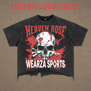 Camiseta de algodón para hombre, de gramaje alto, con lavado ácido, estampado de calavera, corte cropped y bajo desgastado, estilo streetwear grunge, venta al por mayor OEM - Product Image 2