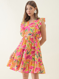 High Quality Multi Floral Printed Flared Mini Cambric <b>Dress</b> for Party Wear Summer Beach Holiday Daily Usage at Best Price - Product Image 4