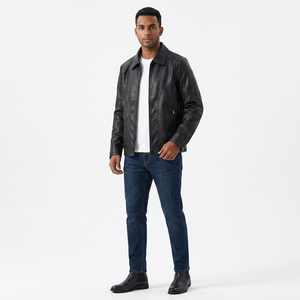 Genuine <b>Men</b> Coated <b>Leather</b> Breathable Varsity <b>Jacket</b> with Stand Collar Vintage Style Hooded Design Front Logo Wholesale - Product Image 1